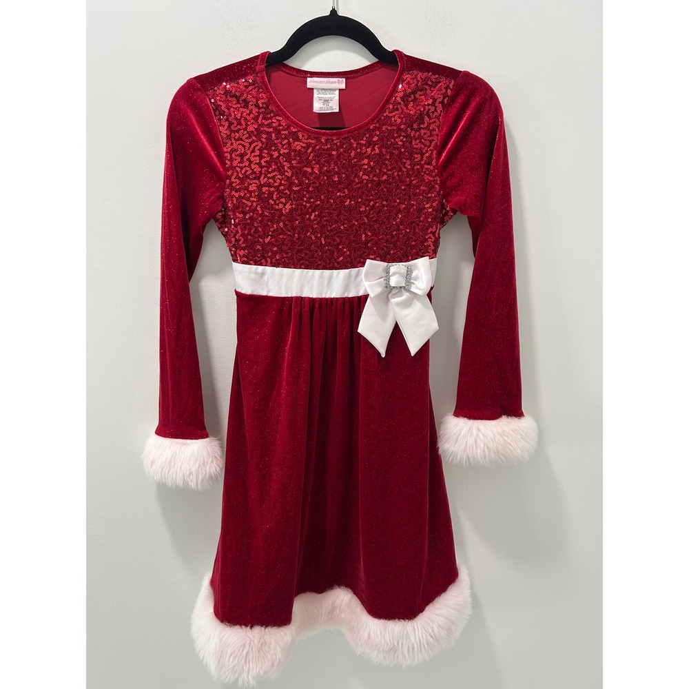 Bonnie Jean Girls Red Velvet Sequin Faux Fur Christmas Holiday Dress Size 14